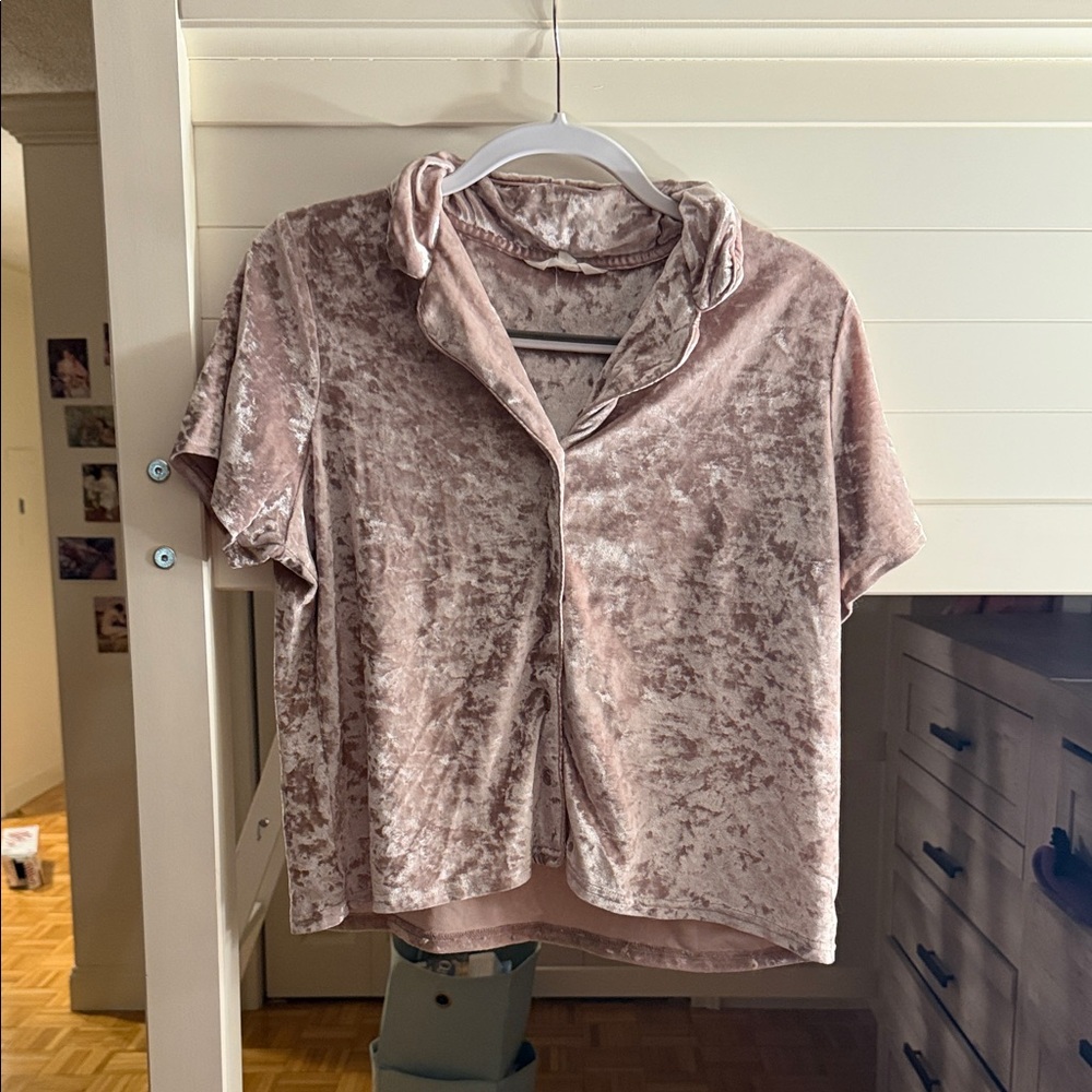 Crushed Velvet Short Sleeve Button Pajama Top - Blush Pink